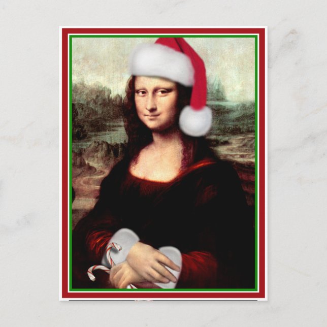 Christmas Mona Lisa With Santa Hat Holiday Postcard (Front)