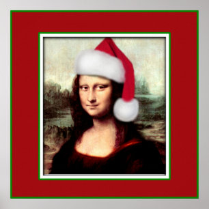 Christmas Mona Lisa With Santa Hat Poster
