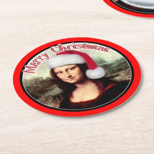 Christmas Mona Lisa With Santa Hat Round Paper Coaster (Angled)