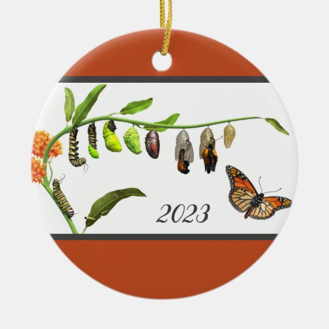 Christmas Monarch butterfly lifecycle Ceramic Ornament (Front)