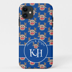 Christmas Monogram Blue Cute Reindeer Pattern iPhone 11 Case