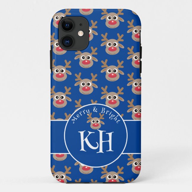 Christmas Monogram Blue Cute Reindeer Pattern Case-Mate iPhone Case (Back)