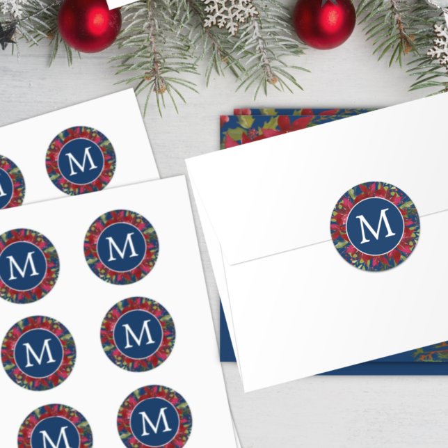 Christmas Monogram Botanical Poinsettia Elegant Classic Round Sticker (Creator Uploaded)