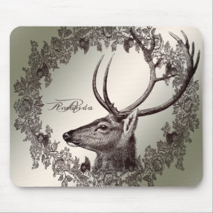 Christmas Monogram Floral Reindeer Golden Winter Mouse Pad