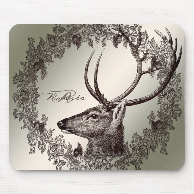 Christmas Monogram Floral Reindeer Golden Winter Mouse Pad (Front)
