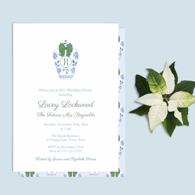Christmas Monogram Future Mrs Wedding Shower Invitation (Blue And White Ginger Jar With Green Bow Future Mrs Holidays  Bridal Shower Party Invitation)