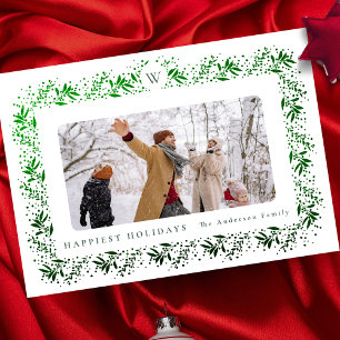 CHRISTMAS monogram Green Foil Botanicals Frame Holiday Card