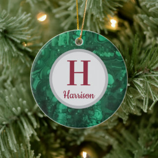 Christmas Monogram Green Gemstone Family Initial Ceramic Ornament