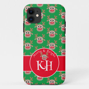 Christmas Monogram Green Red Cute Reindeer Pattern iPhone 11 Case