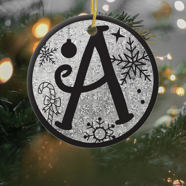Christmas Monogram Letter A Black Silver Glitter Ceramic Ornament (Creator Uploaded)