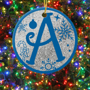 Christmas Monogram Letter A Blue Silver Glitter Ceramic Ornament