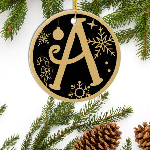 Christmas Monogram Letter A Gold Black Ceramic Ornament