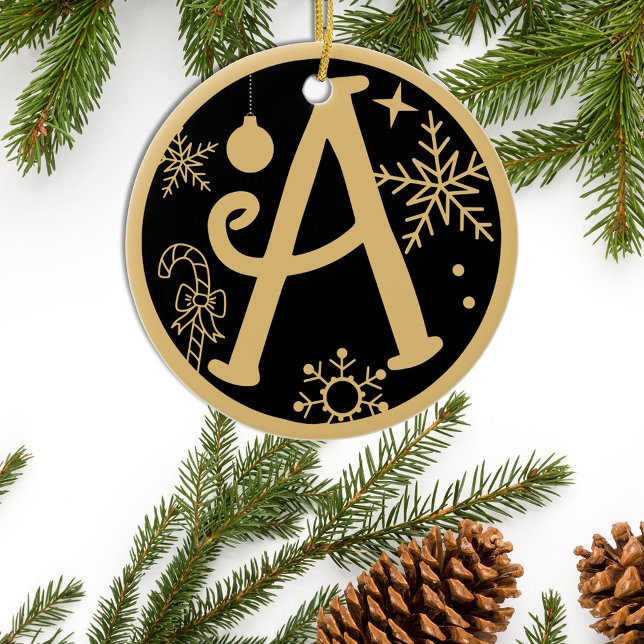 Christmas Monogram Letter A Gold Black Ceramic Ornament (Creator Uploaded)