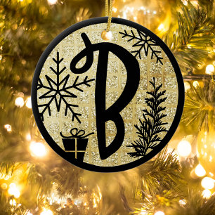 Christmas Monogram Letter B Black Gold Glitter Ceramic Ornament
