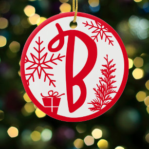 Christmas Monogram Letter B Red White Ceramic Ornament