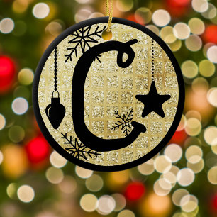 Christmas Monogram Letter C Black Gold Glitter Ceramic Ornament
