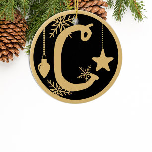 Christmas Monogram Letter C Gold Black Ceramic Ornament