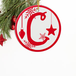 Christmas Monogram Letter C Red White Ceramic Ornament