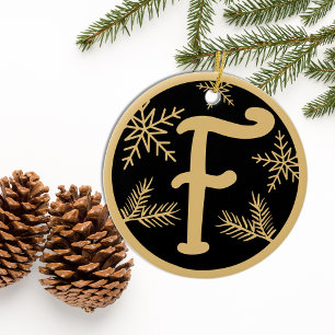 Christmas Monogram Letter F Gold Black Ceramic Ornament