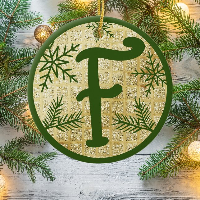 Christmas Monogram Letter F Green Gold Glitter Ceramic Ornament (Creator Uploaded)