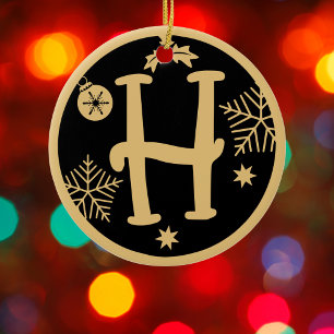 Christmas Monogram Letter H Gold Black Ceramic Ornament