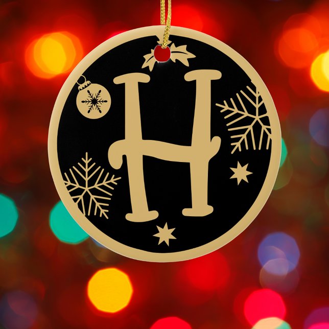 Christmas Monogram Letter H Gold Black Ceramic Ornament (Creator Uploaded)