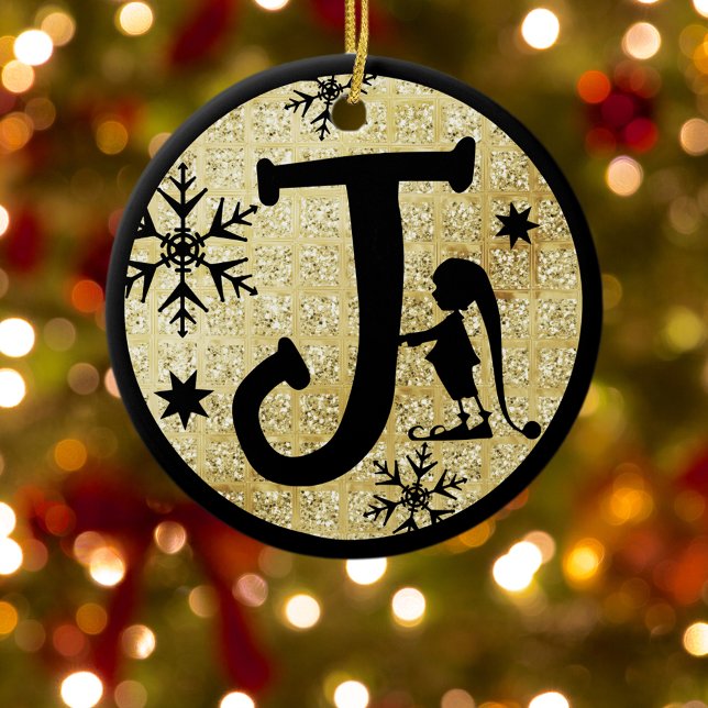 Christmas Monogram Letter J Black Gold Glitter Ceramic Ornament (Creator Uploaded)