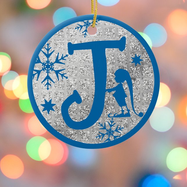 Christmas Monogram Letter J Blue Silver Glitter Ceramic Ornament (Creator Uploaded)