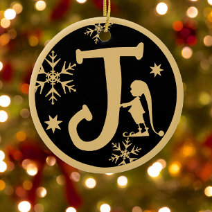 Christmas Monogram Letter J Gold Black Ceramic Ornament
