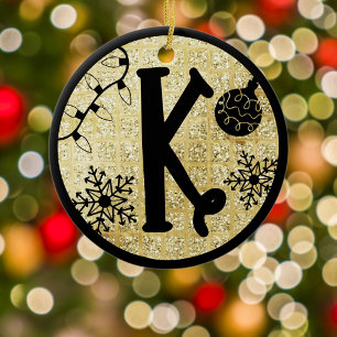 Christmas Monogram Letter K Black Gold Glitter Ceramic Ornament