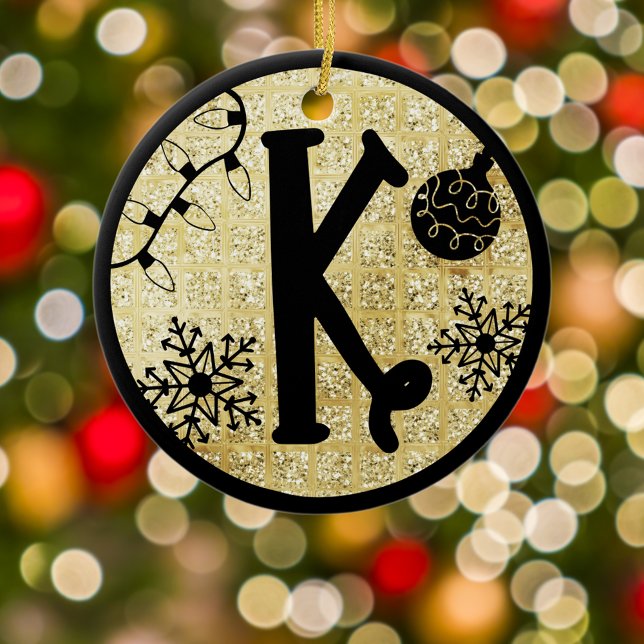 Christmas Monogram Letter K Black Gold Glitter Ceramic Ornament (Creator Uploaded)