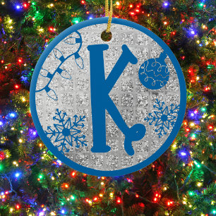 Christmas Monogram Letter K Blue Silver Glitter Ceramic Ornament