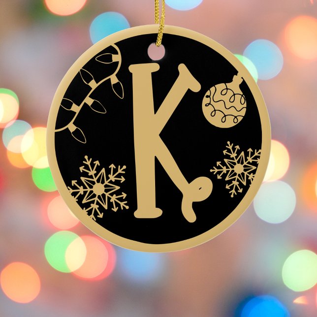 Christmas Monogram Letter K Gold Black Ceramic Ornament (Creator Uploaded)