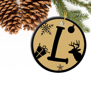 Christmas Monogram Letter L Black Gold Ceramic Ornament