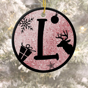 Christmas Monogram Letter L Black Pink Glitter Ceramic Ornament
