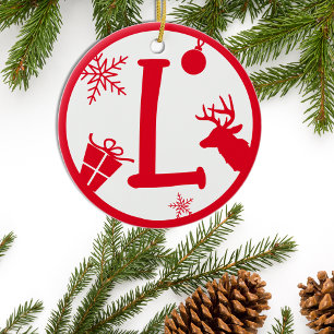 Christmas Monogram Letter L Red White Ceramic Ornament