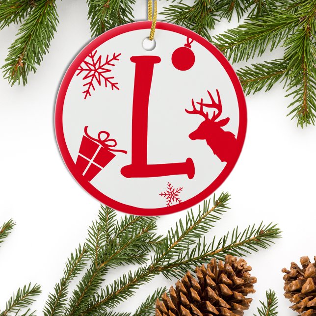 Christmas Monogram Letter L Red White Ceramic Ornament (Creator Uploaded)