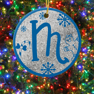 Christmas Monogram Letter M Blue Silver Glitter Ceramic Ornament