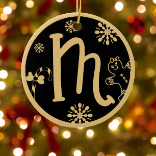 Christmas Monogram Letter M Gold Black Ceramic Ornament