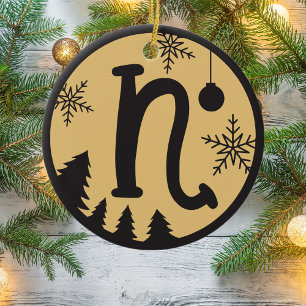 Christmas Monogram Letter N Black Gold Ceramic Ornament