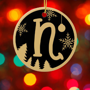 Christmas Monogram Letter N Gold Black Ceramic Ornament