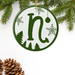 Christmas Monogram Letter N Green White Ceramic Ornament