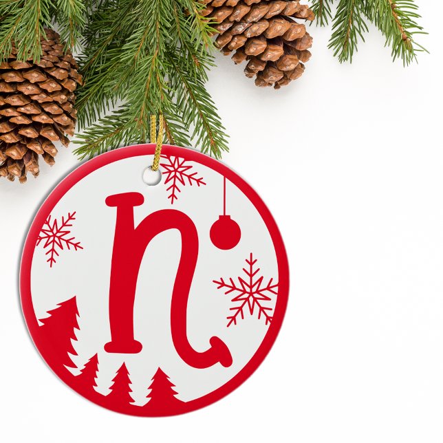 Christmas Monogram Letter N Red White Ceramic Ornament (Creator Uploaded)