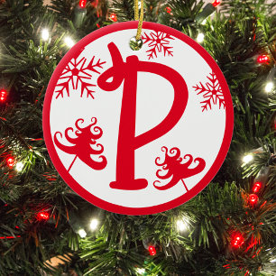 Christmas Monogram Letter P Red White Ceramic Ornament