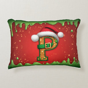 Christmas Monogram Letter P with Santa Hat  Decorative Cushion