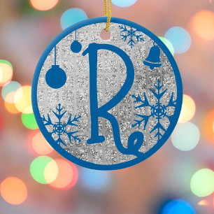 Christmas Monogram Letter R Blue Silver Glitter Ceramic Ornament
