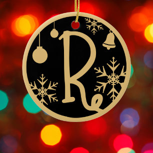 Christmas Monogram Letter R Gold Black Ceramic Ornament