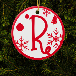 Christmas Monogram Letter R Red White Ceramic Ornament