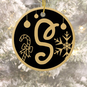 Christmas Monogram Letter S Gold Black Ceramic Ornament