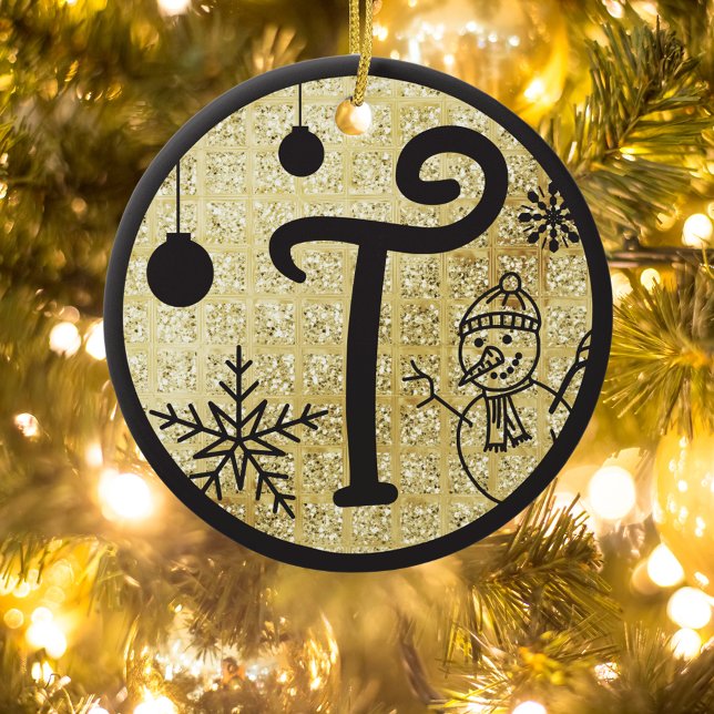 Christmas Monogram Letter T Black Gold Glitter Ceramic Ornament (Creator Uploaded)